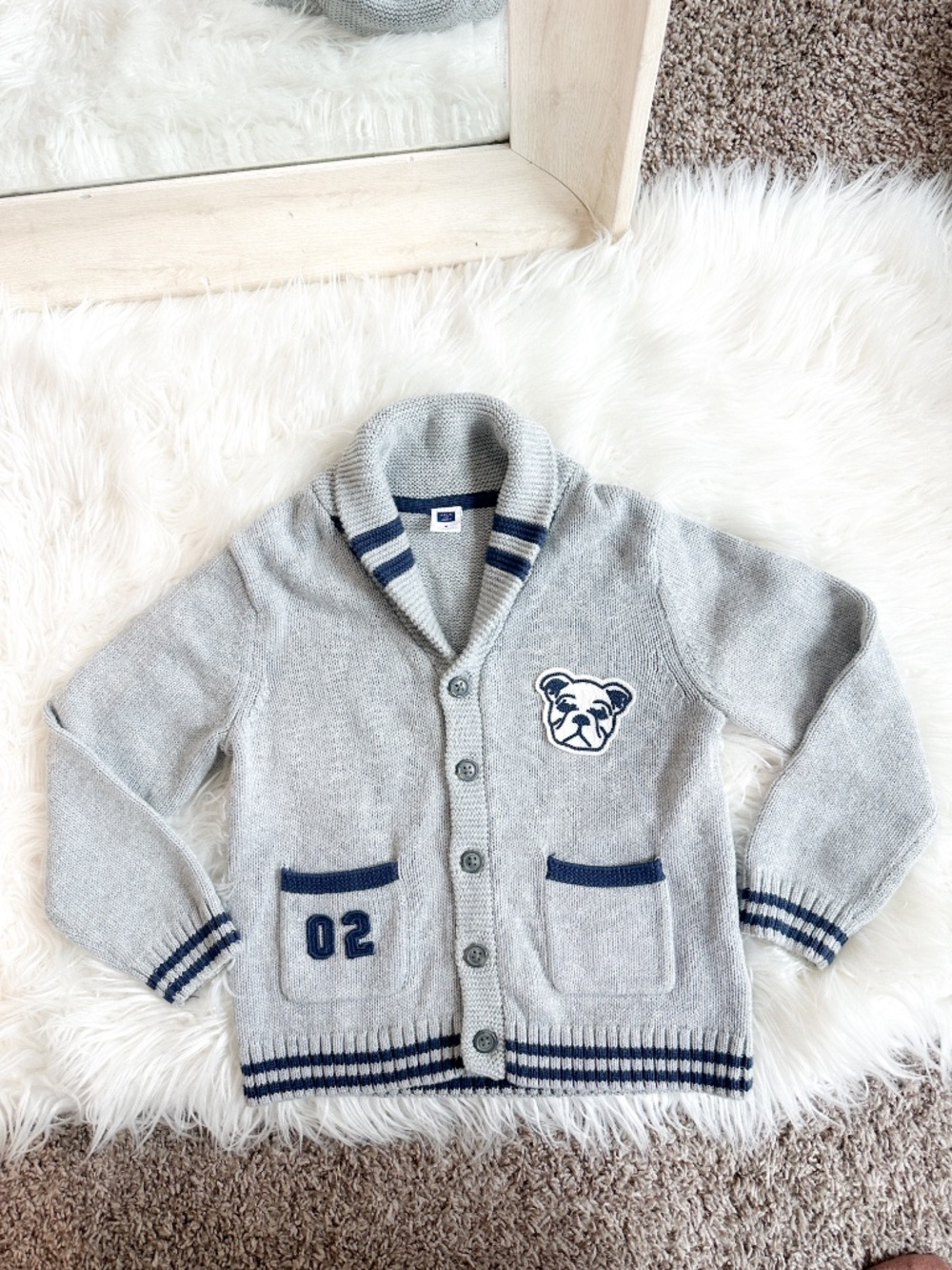 Janie and Jack Size 4 Gray Navy Varsity Bulldog Patch Shawl Collar Cardigan